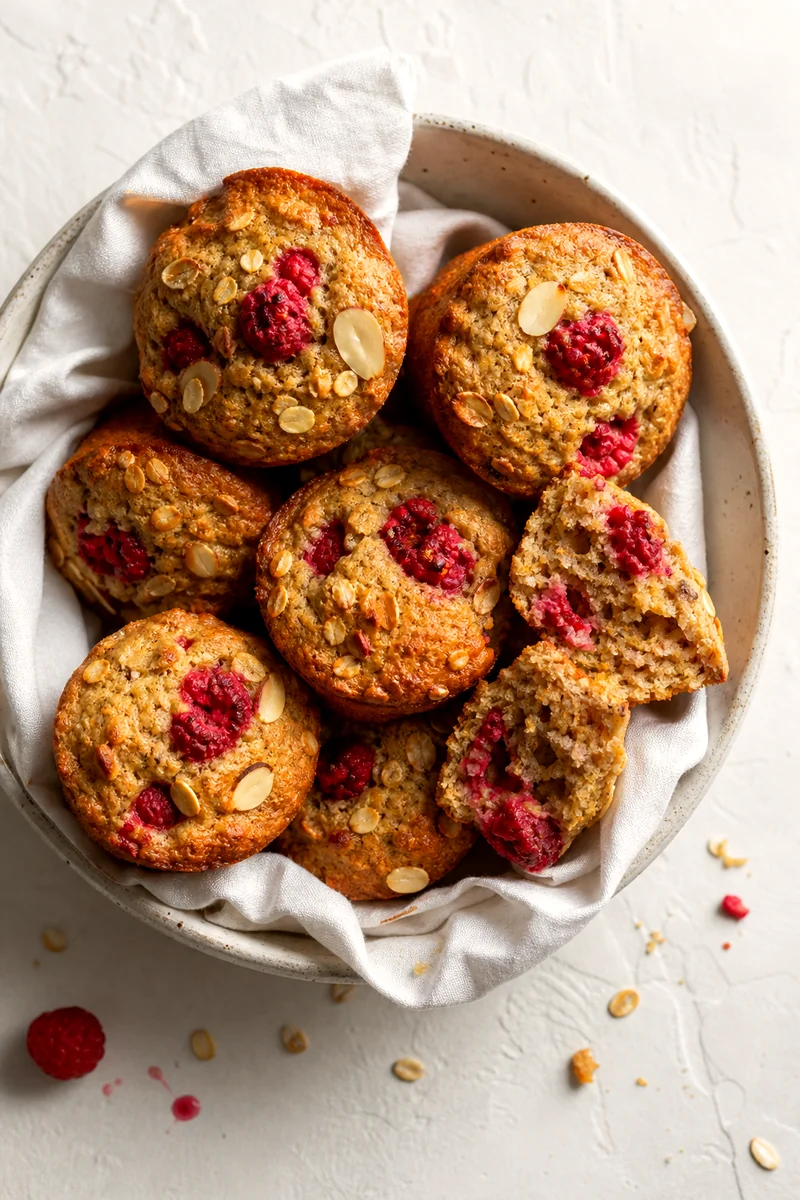 Golden raspberry almond muffins in a white ceramic bowl with crumbs and oats on linen