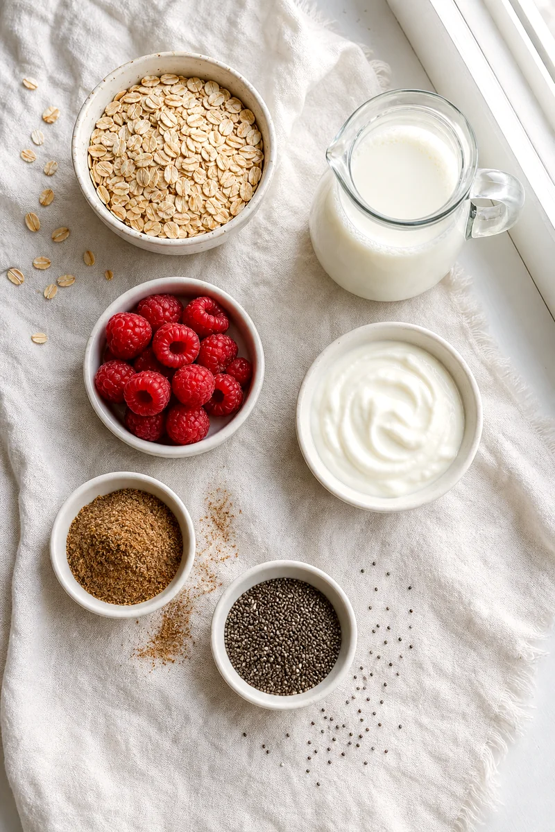 Rolled oats, raspberries, flaxseed, chia seeds, Greek yogurt, and milk arranged on white linen