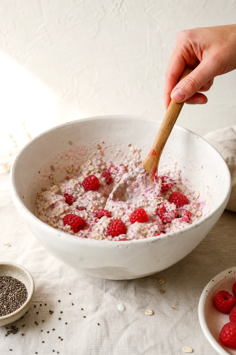 Wooden spoon folding raspberries into creamy oat mixture in a white ceramic bowl