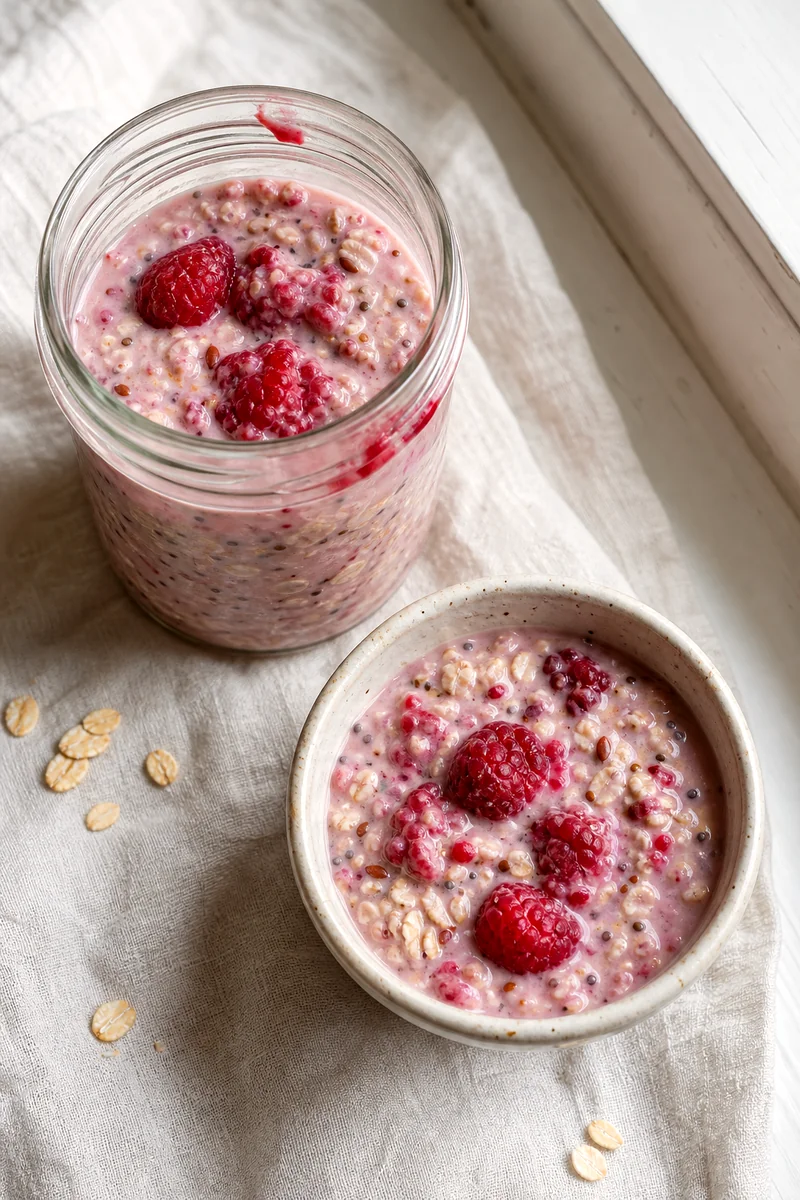 Chilled raspberry flaxseed overnight oats in a glass jar and white bowl on linen