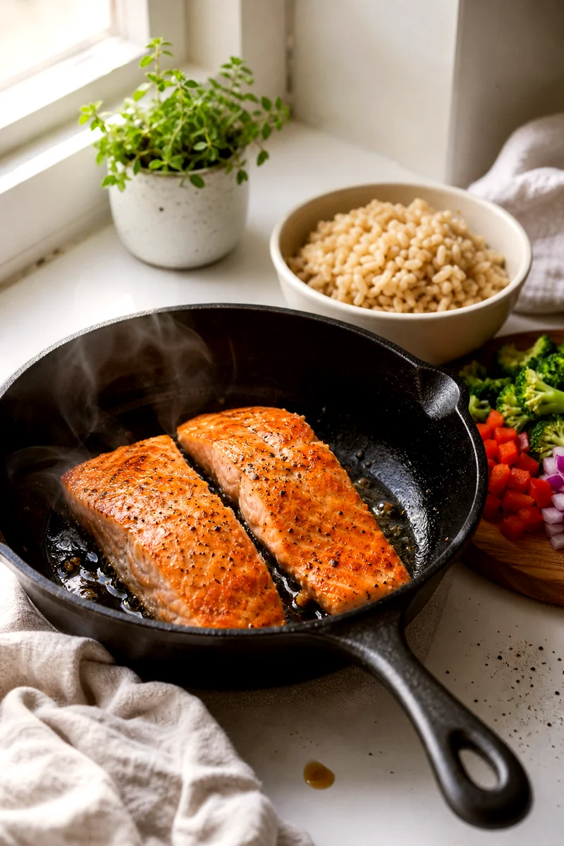 Salmon fillets searing in a skillet beside cooked brown rice and chopped vegetables