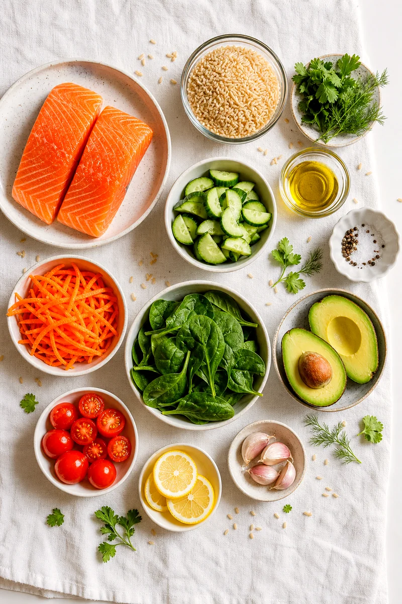 Salmon, brown rice, avocado, cucumber, carrots, spinach, tomatoes, lemon, herbs, and dressing ingredients on white linen