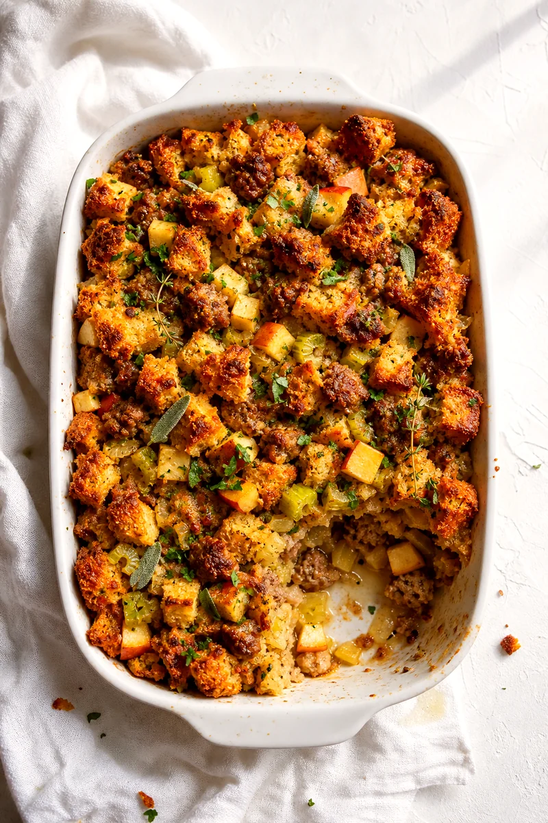 White baking dish of golden sausage apple stuffing casserole with a serving scooped out
