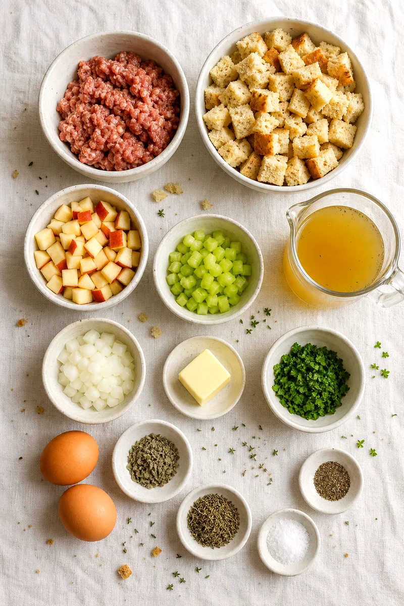 Measured sausage, bread cubes, apples, celery, onion, broth, butter, herbs, eggs, salt, and pepper on white linen