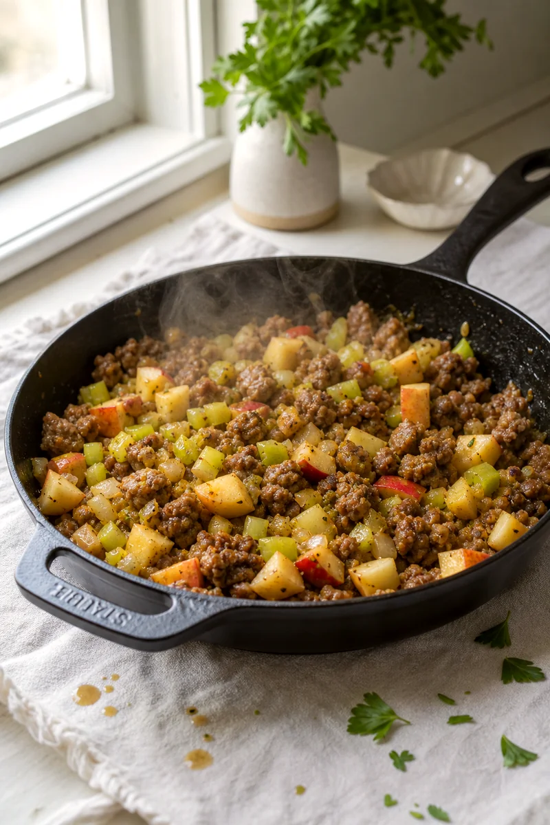 Browned sausage cooking with diced apples, celery, and onion in a skillet