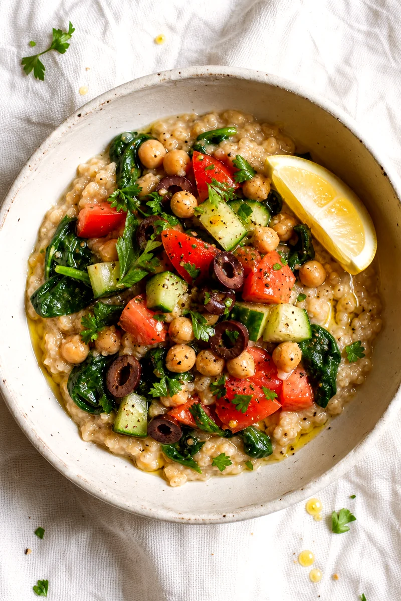Top down bowl of savory oatmeal with chickpeas, spinach, tomatoes, cucumber, olives, parsley, and lemon