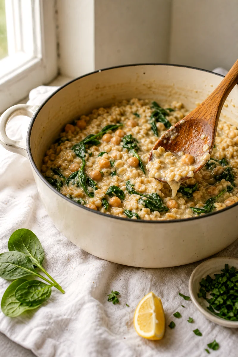 Creamy oats being stirred with chickpeas and spinach in a pot