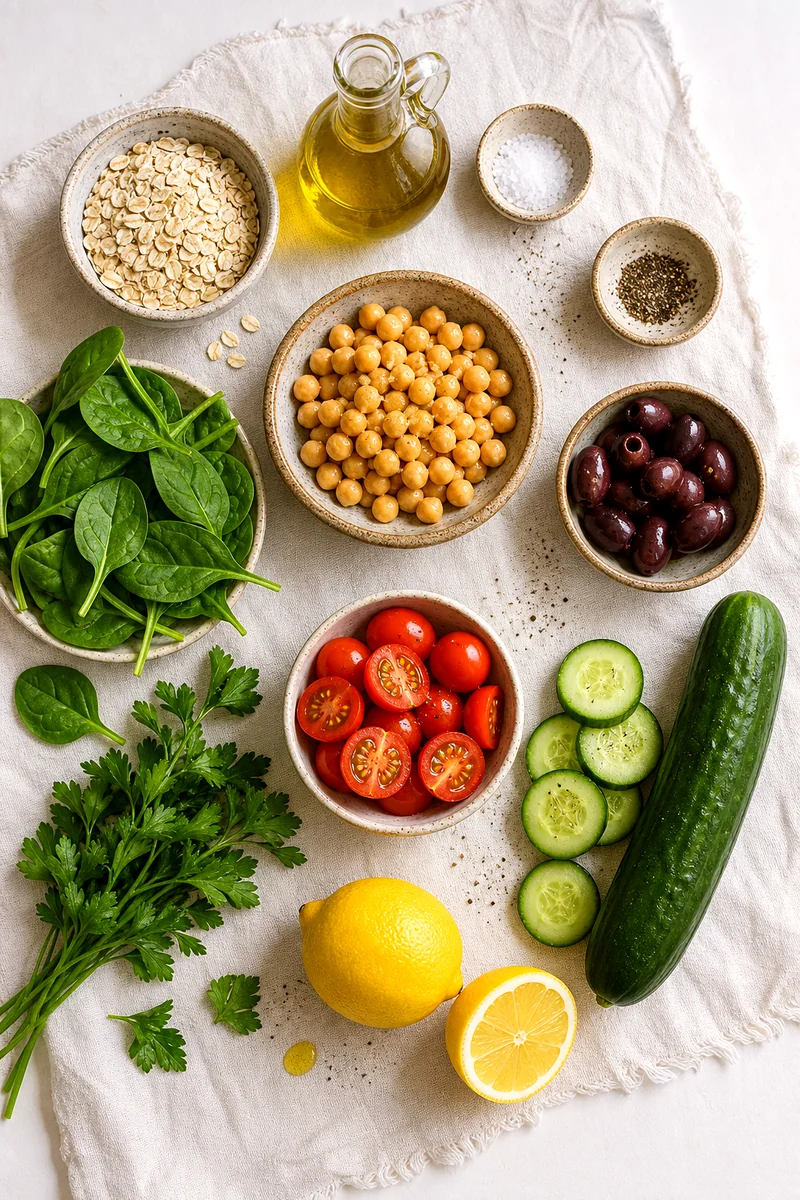 Rolled oats, chickpeas, spinach, tomatoes, cucumber, olives, parsley, lemon, and olive oil arranged on white linen