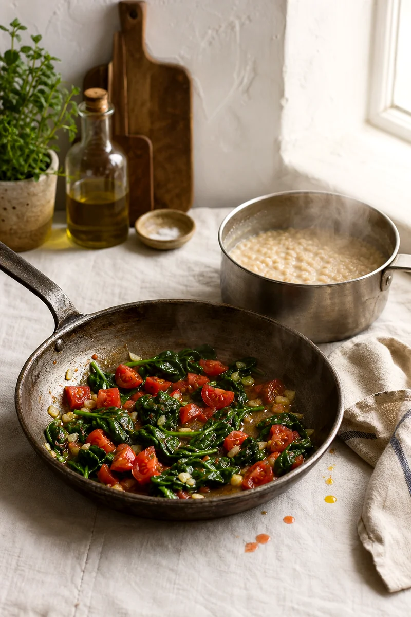 Spinach, tomatoes, and garlic sautéing in a skillet beside creamy oats