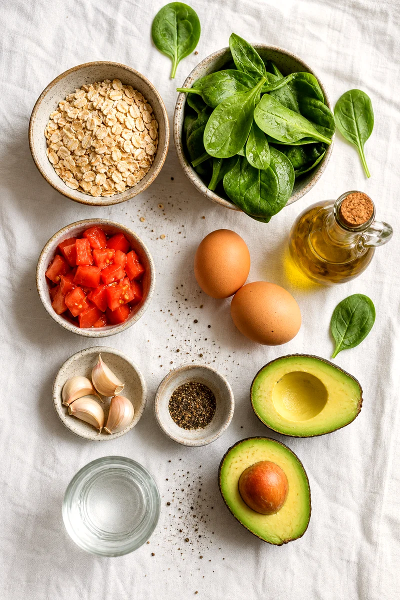 Rolled oats, spinach, tomatoes, eggs, avocado, garlic, black pepper, olive oil, and water on white linen