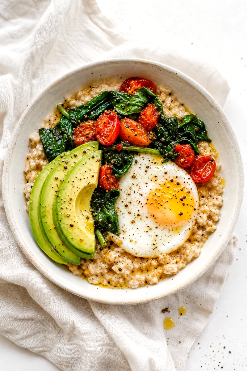 Top-down bowl of savory oatmeal with spinach, tomatoes, egg, avocado, and black pepper