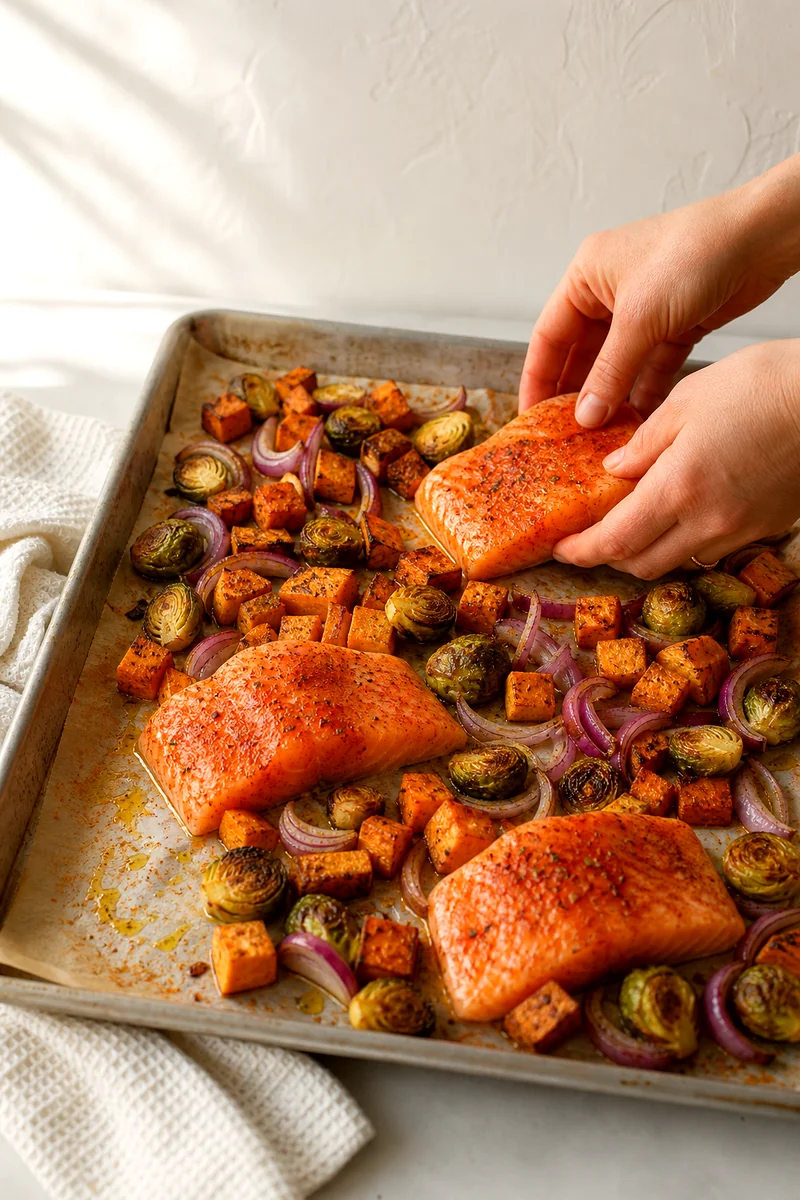 Seasoned salmon fillets placed among partially roasted Brussels sprouts, sweet potatoes, and red onion on a sheet pan