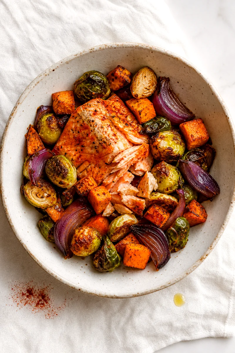 Top down view of roasted salmon with Brussels sprouts, sweet potatoes, and red onion in a white ceramic bowl