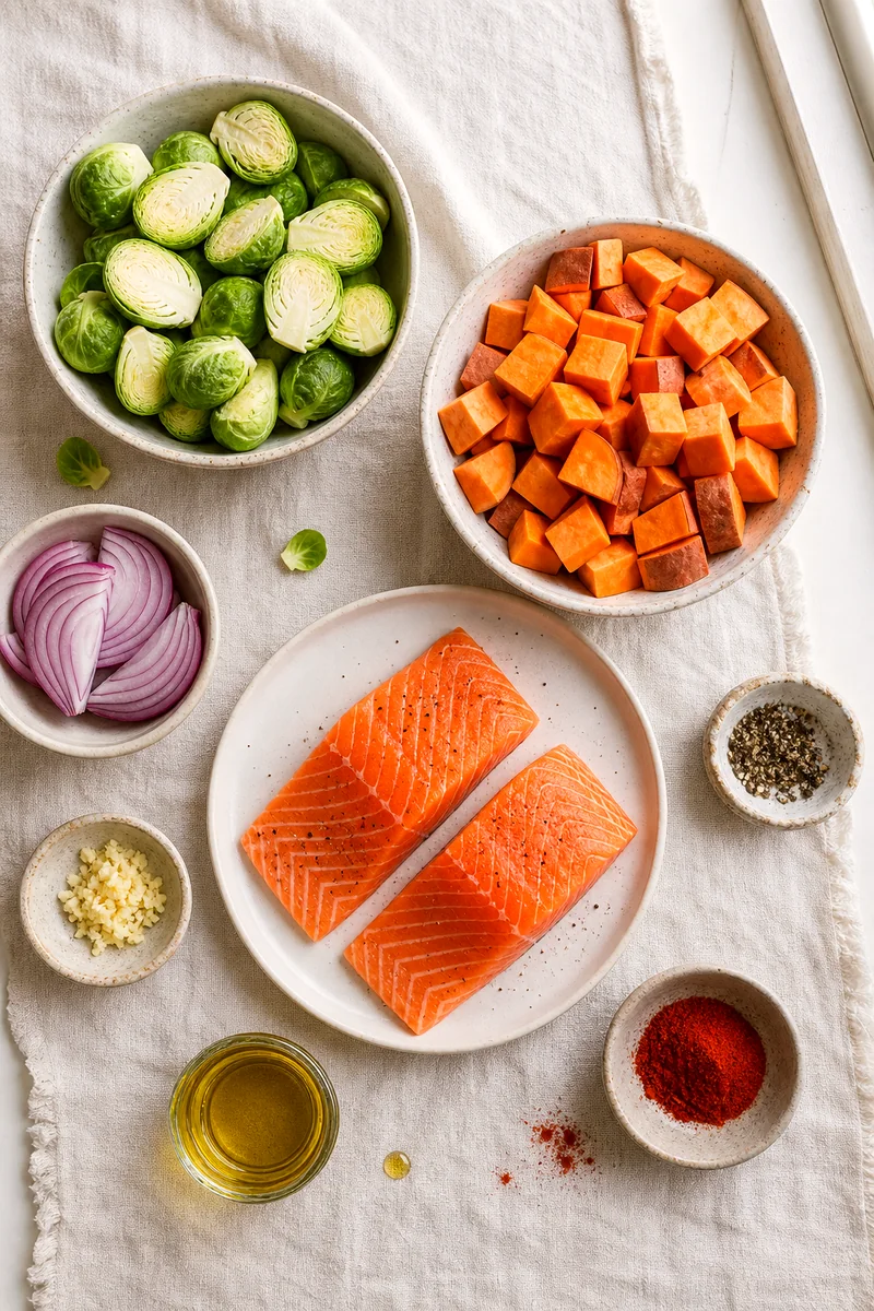 Raw salmon, Brussels sprouts, sweet potatoes, red onion, olive oil, garlic, paprika, and black pepper arranged on white linen