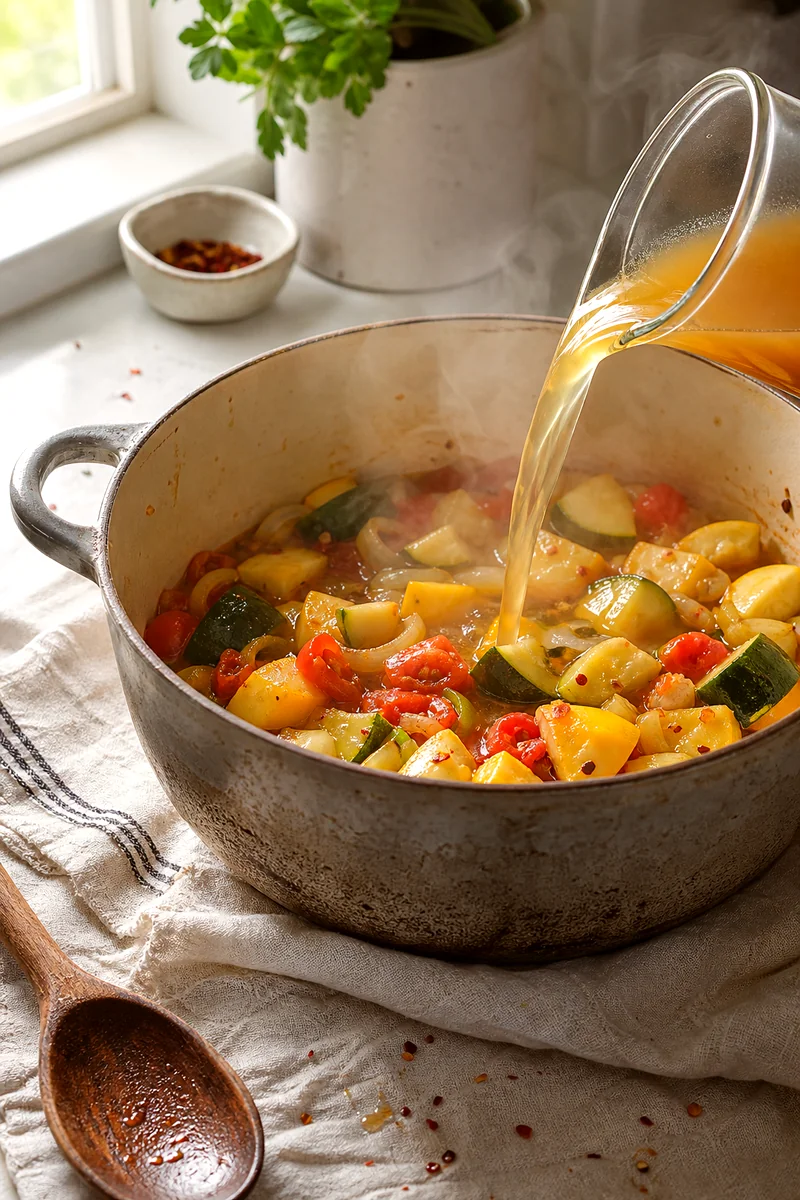 Vegetable broth being poured into a pot with zucchini, tomatoes, onion, and garlic