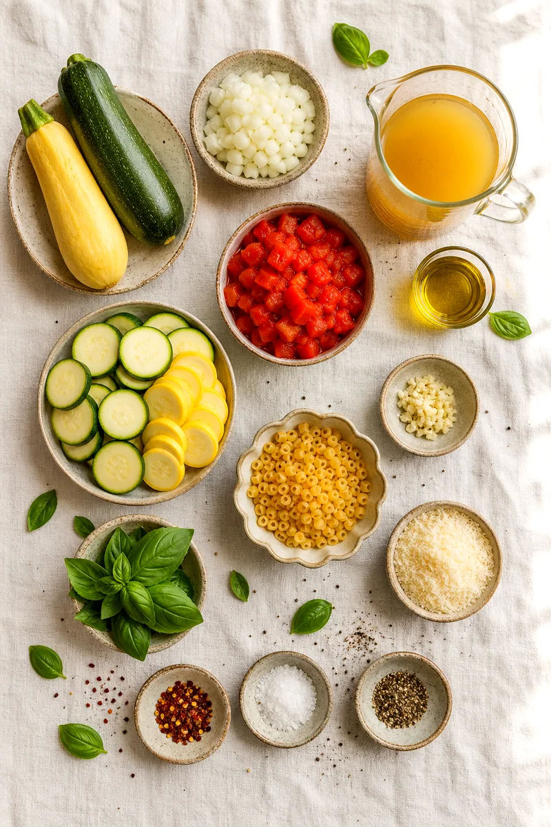 Zucchini, pasta, tomatoes, onion, garlic, broth, basil, Parmesan, and seasonings arranged on white linen