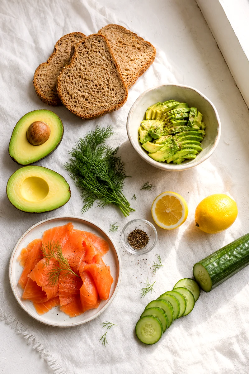 Whole grain bread, avocados, smoked salmon, cucumber, dill, lemon, and black pepper arranged on white linen