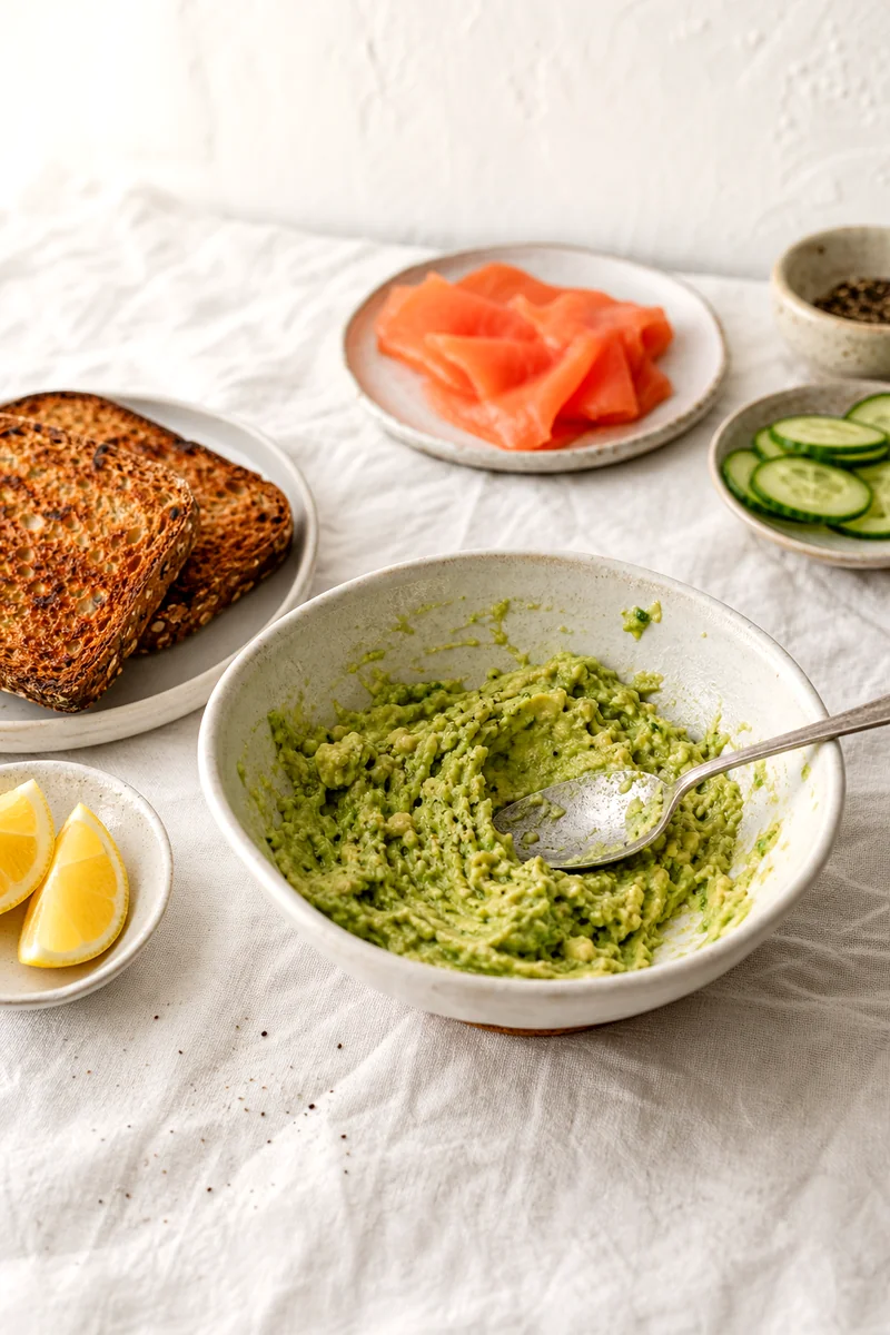 Avocado mashed with lemon juice and black pepper in a white ceramic bowl beside toast and toppings