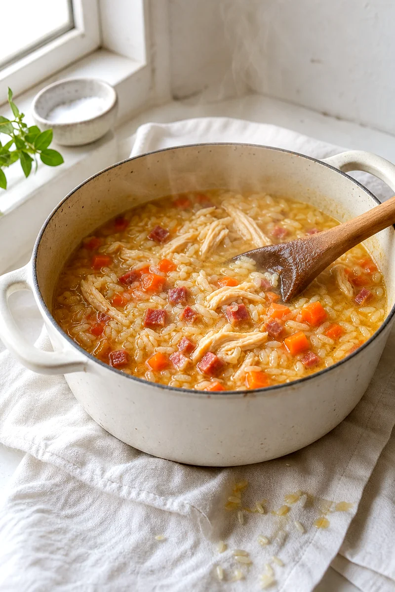 Wooden spoon stirring simmering chicken rice soup with carrots and Serrano ham in a white pot