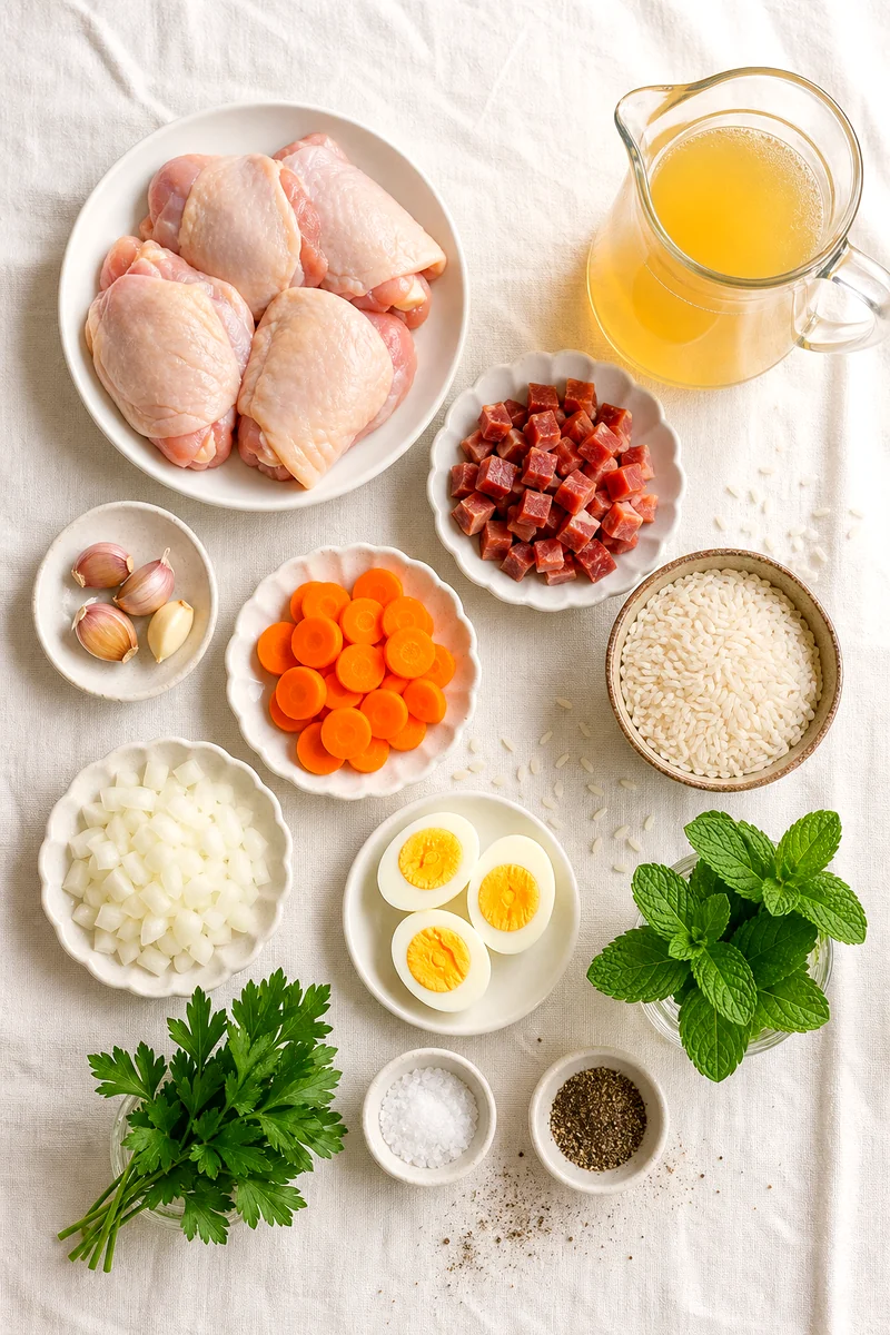 Chicken, Serrano ham, rice, carrots, onion, garlic, broth, eggs, mint, parsley, salt, and pepper on white linen