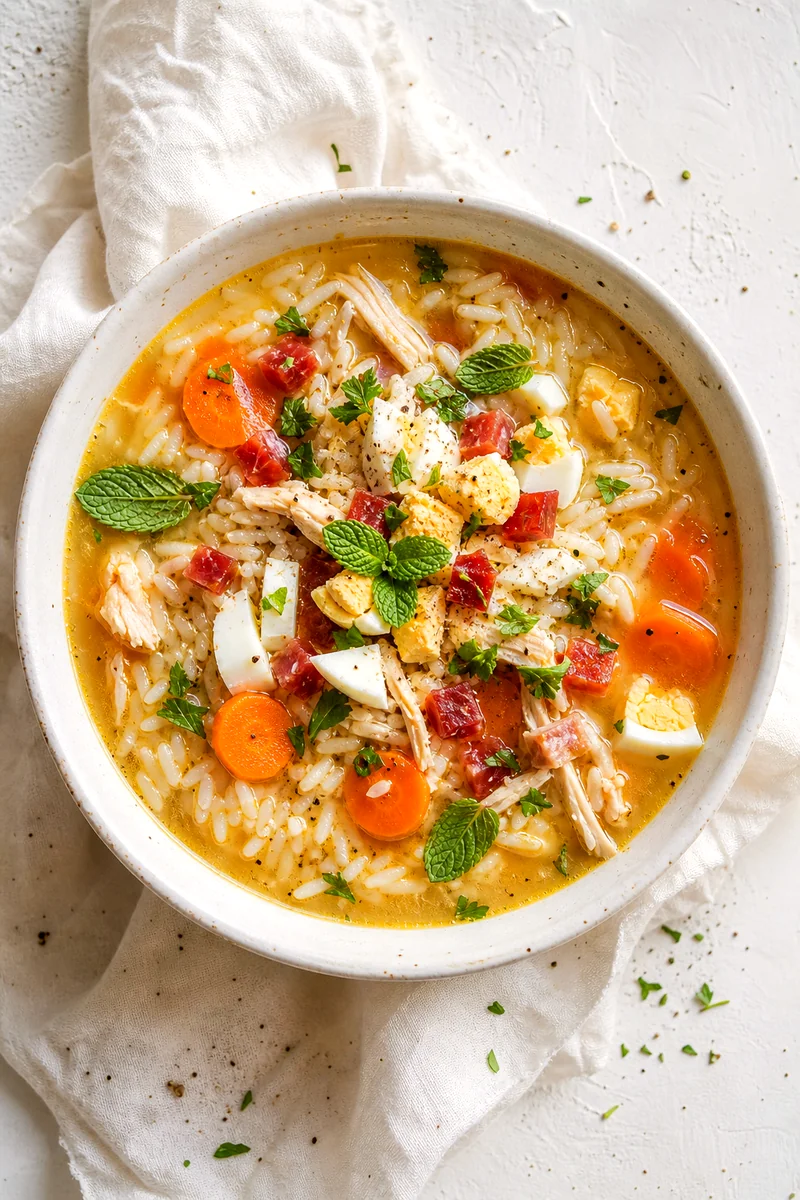 Golden chicken rice soup topped with chopped egg, mint, and parsley in a white bowl