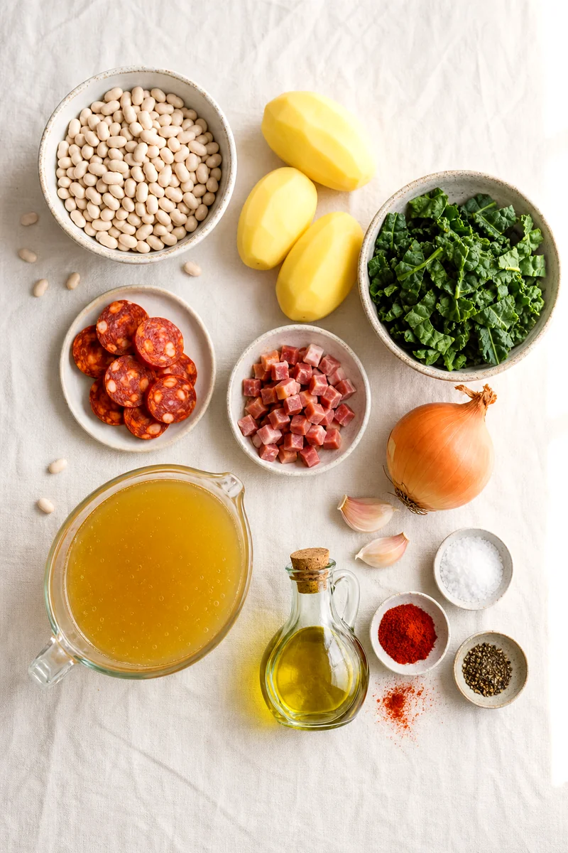 White beans, potatoes, greens, chorizo, onion, garlic, broth, olive oil, and spices on white linen