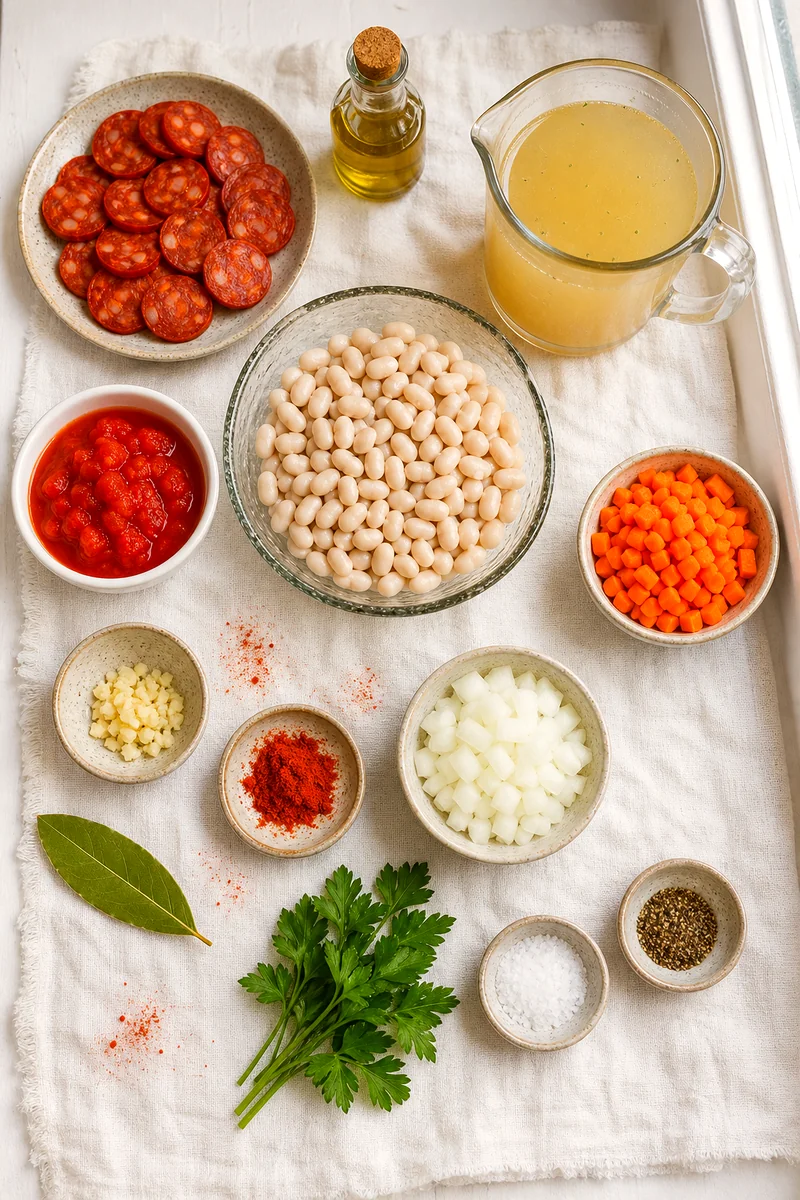 Chorizo, white beans, tomatoes, carrots, onion, garlic, broth, paprika, bay leaf, and parsley arranged on white linen