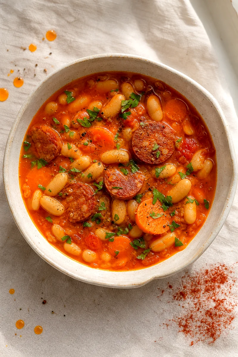 Overhead view of white bean and chorizo soup with carrots, tomato broth, and parsley