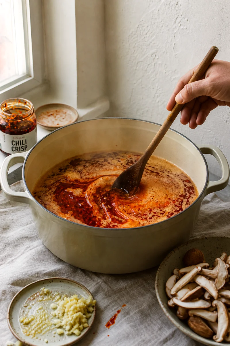 Garlic, ginger, and chili crisp sizzling in a pot as spicy ramen broth begins to cook