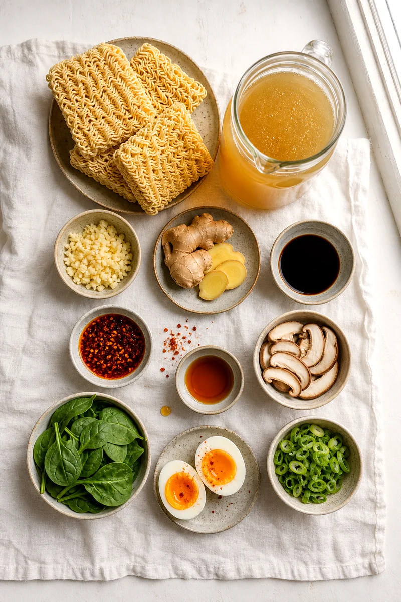 Ramen noodles, broth, garlic, ginger, soy sauce, chili crisp, sesame oil, mushrooms, spinach, eggs, and green onions