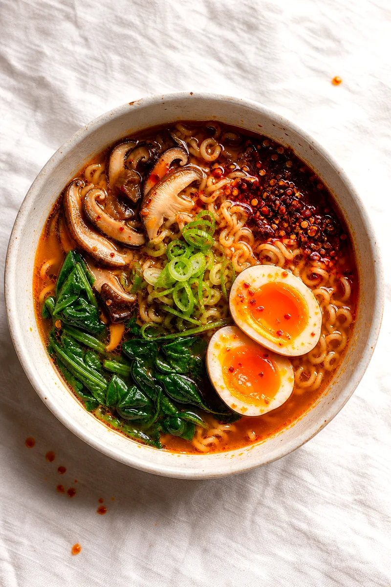 Top-down ramen bowl with spicy broth, noodles, mushrooms, spinach, green onions, and soft boiled egg