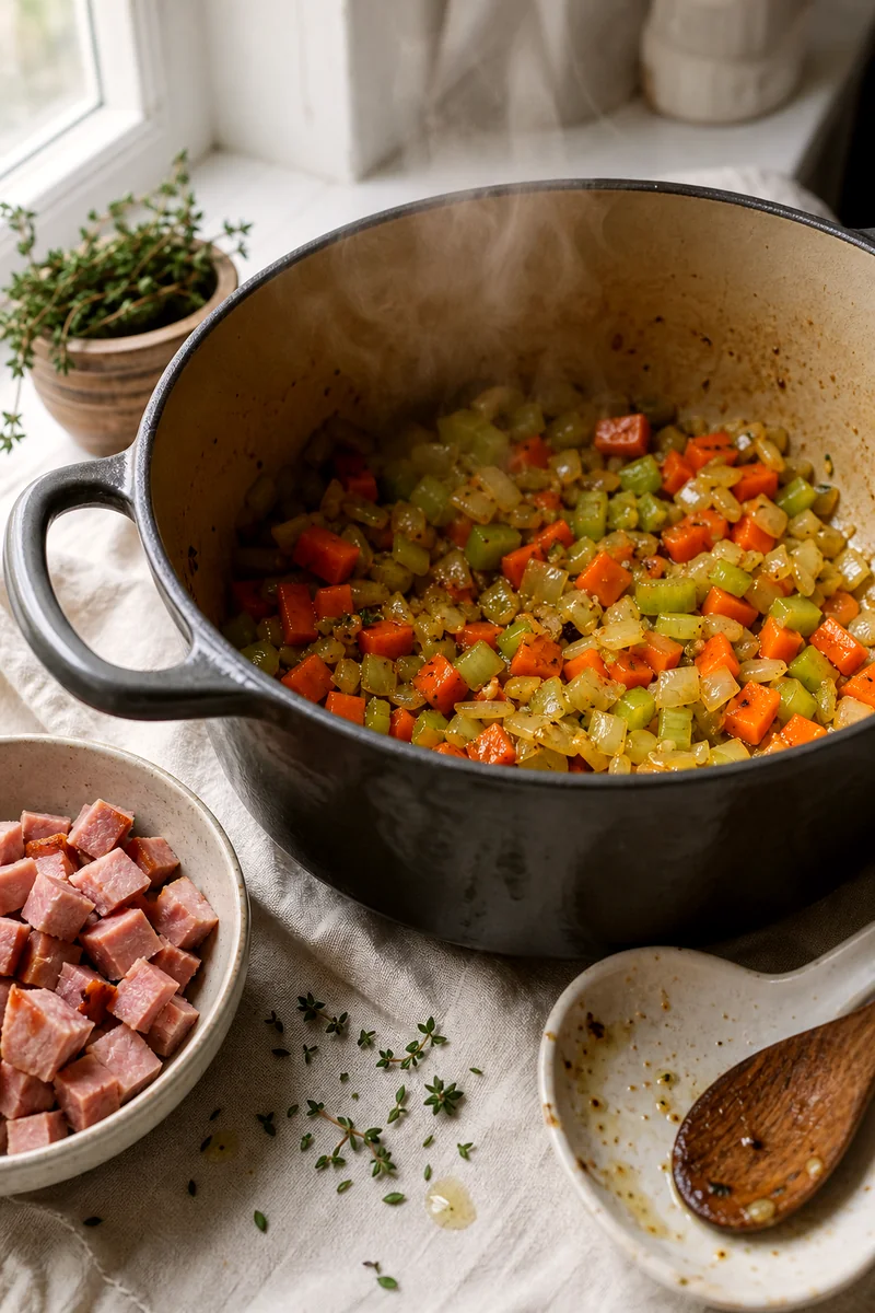 Carrots, celery, onion, and garlic sautéing in a pot for split pea soup