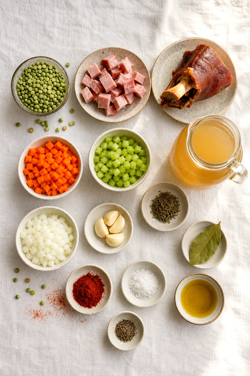 Split peas, ham, vegetables, broth, herbs, and spices arranged on white linen