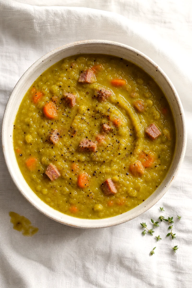 Creamy split pea and ham soup topped with pepper in a white ceramic bowl