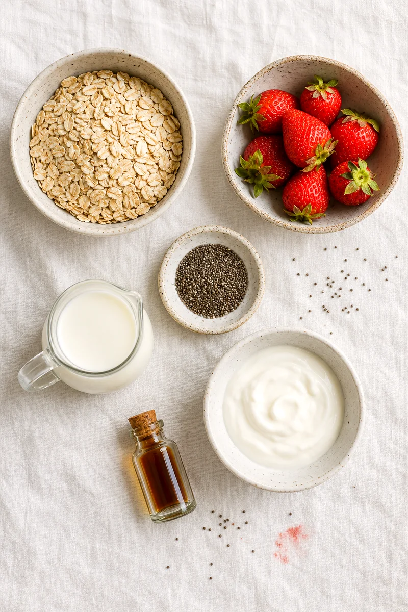 Rolled oats, strawberries, chia seeds, milk, Greek yogurt, and vanilla arranged on white linen