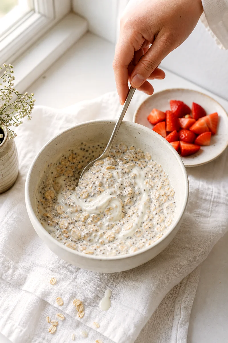 Hand stirring oats, chia seeds, milk, yogurt, and vanilla in a white ceramic bowl