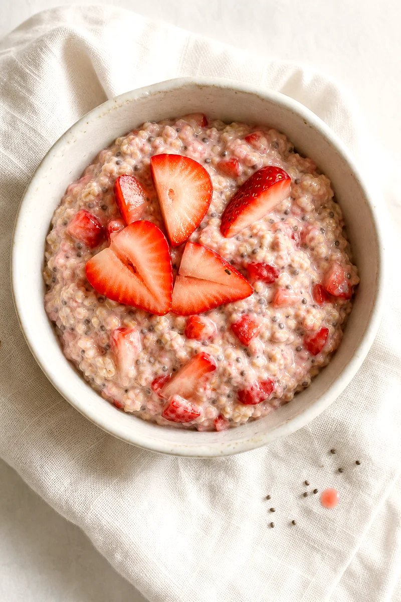 Bowl of creamy strawberry chia overnight oats topped with sliced strawberries