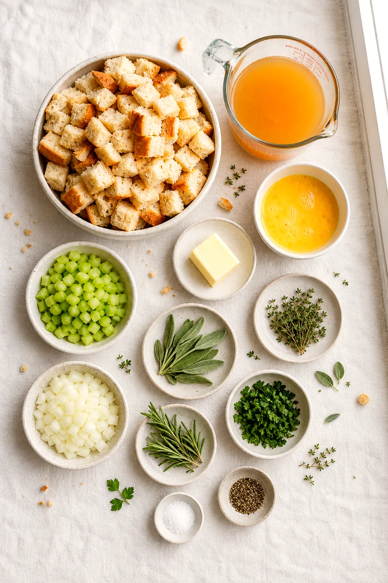 Bread cubes, celery, onion, butter, broth, eggs, herbs, salt, and pepper arranged on white linen