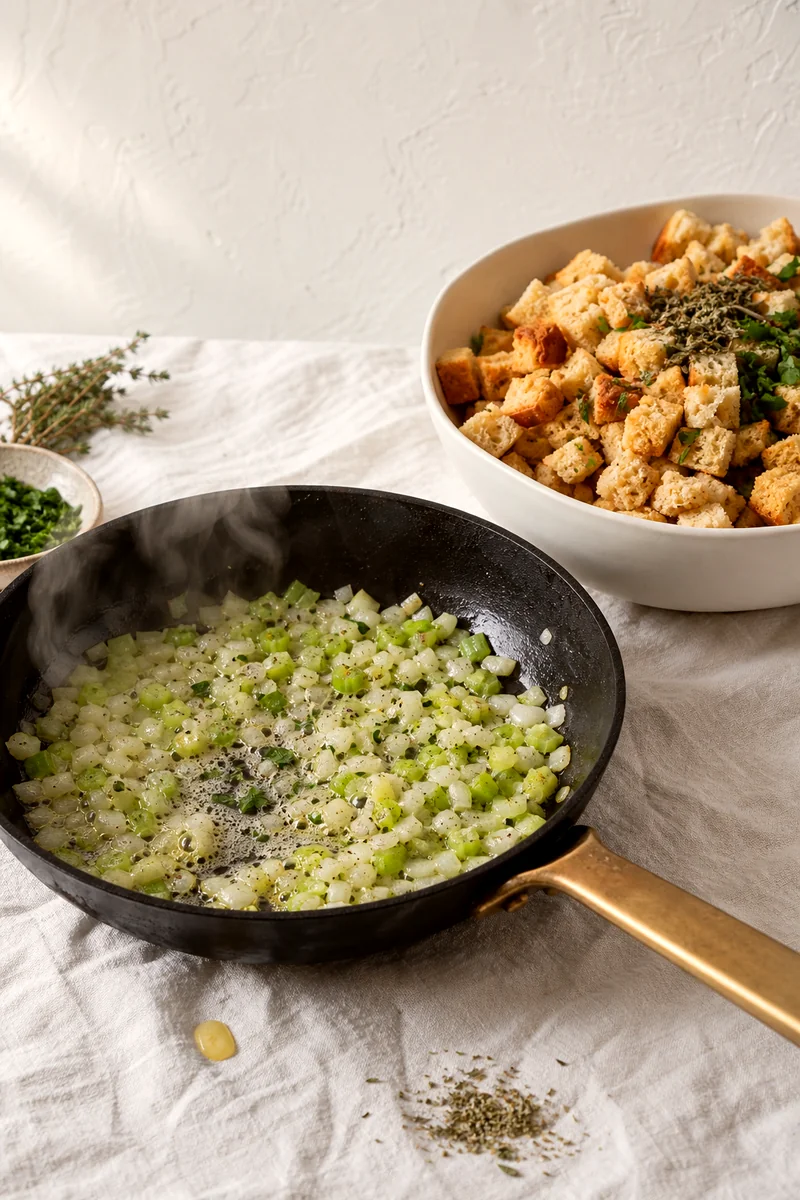 Celery and onion cooking in butter beside a bowl of bread cubes and herbs