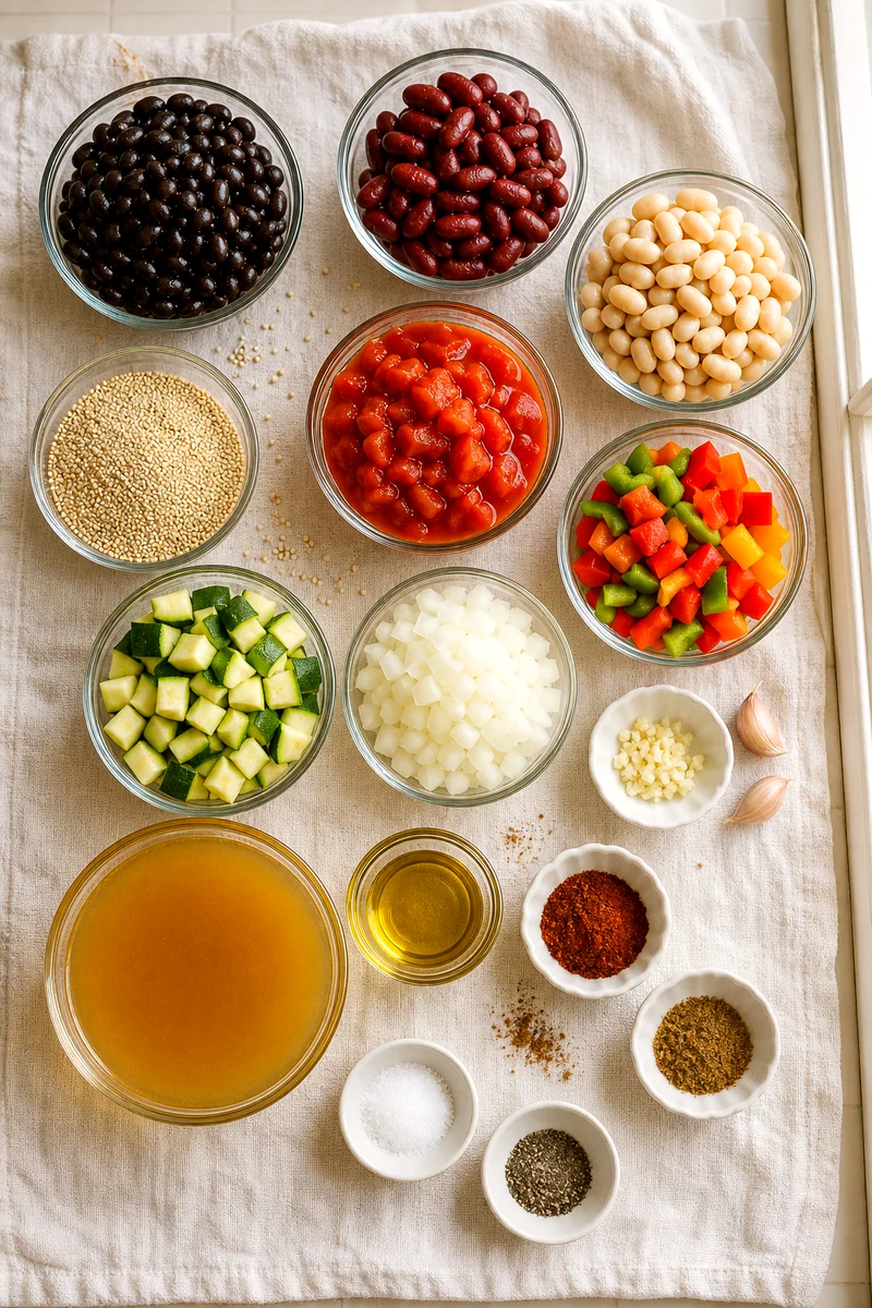 Beans, quinoa, tomatoes, peppers, zucchini, onion, garlic, spices, and broth arranged on white linen