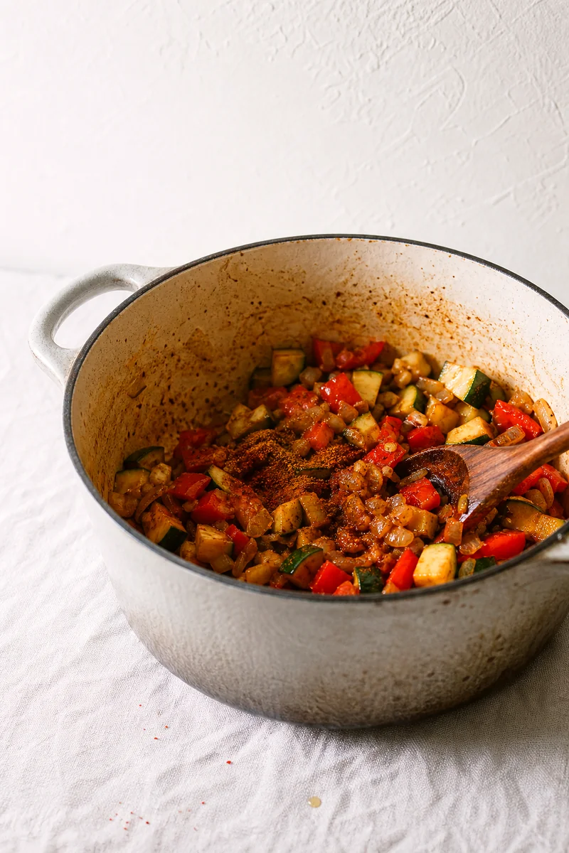 Onion, peppers, zucchini, garlic, chili powder, and cumin cooking in a rustic pot