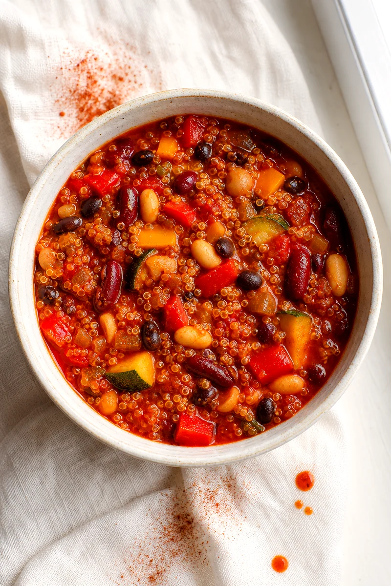 Top-down view of three bean vegetable chili with quinoa in a white ceramic bowl
