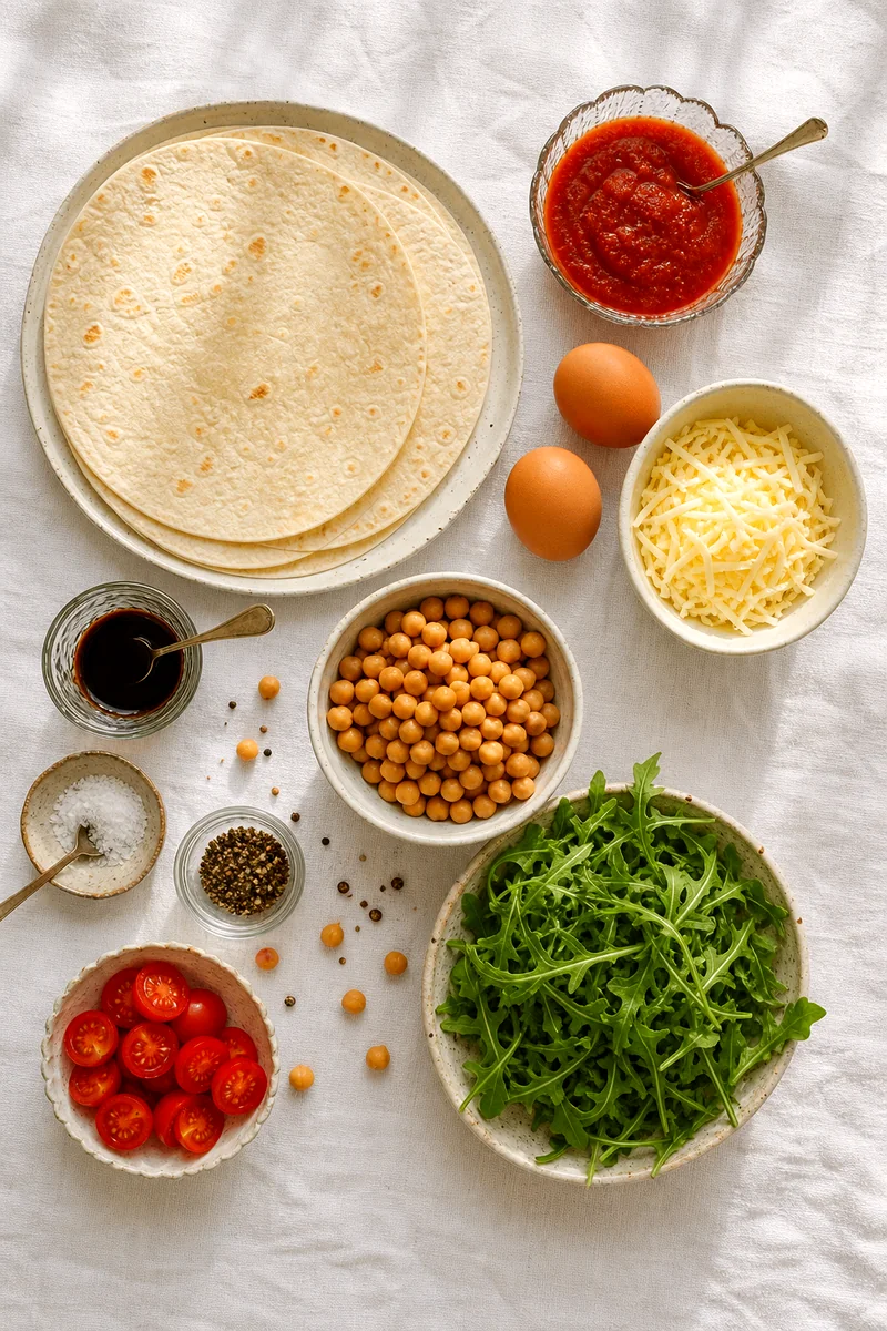 Tortillas, eggs, chickpeas, cheese, tomato sauce, arugula, cherry tomatoes, and balsamic glaze arranged on white linen