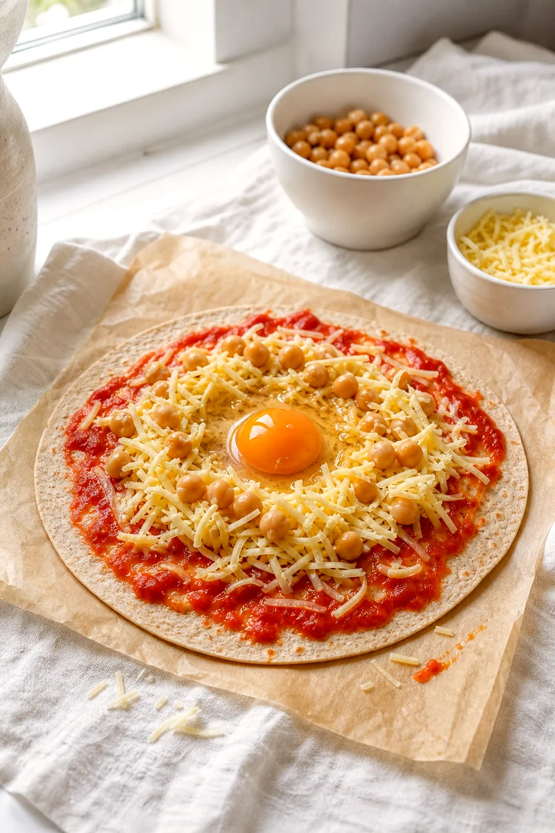 Tortilla pizza being topped with cheese, chickpeas, and a raw egg before baking