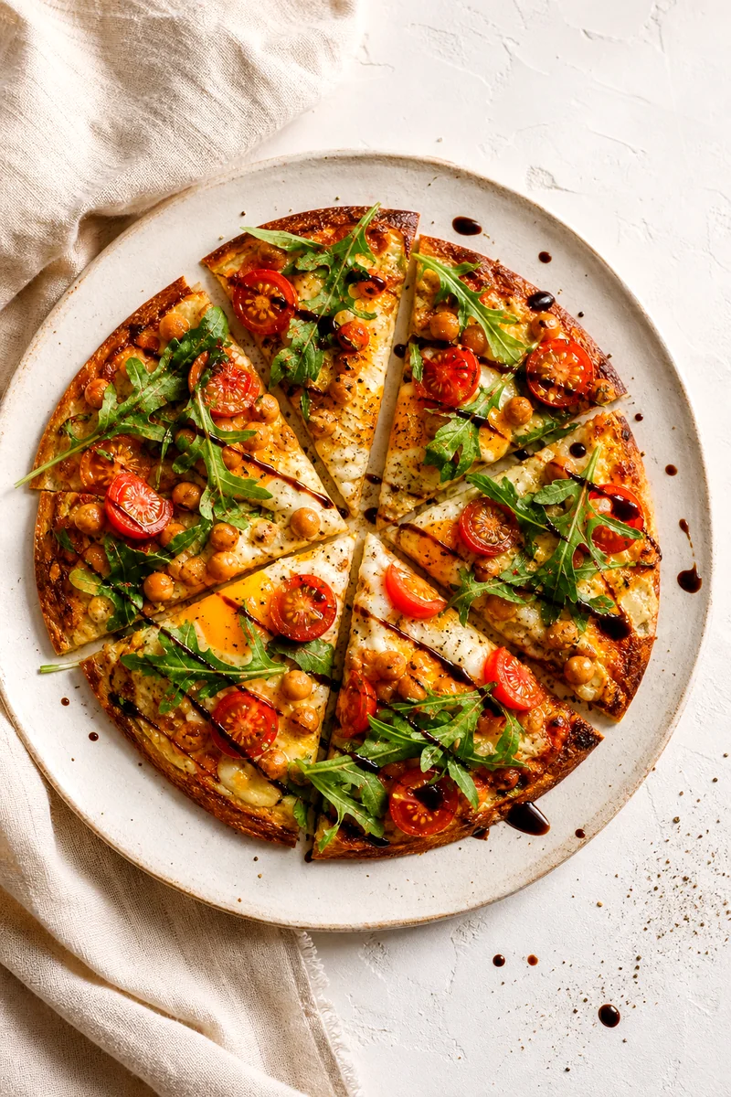 Sliced tortilla pizza with egg, chickpeas, cherry tomatoes, arugula, and balsamic glaze
