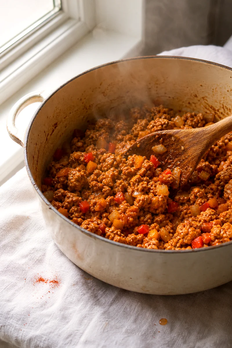 Ground turkey browning with onion, bell pepper, garlic, and spices in a light pot