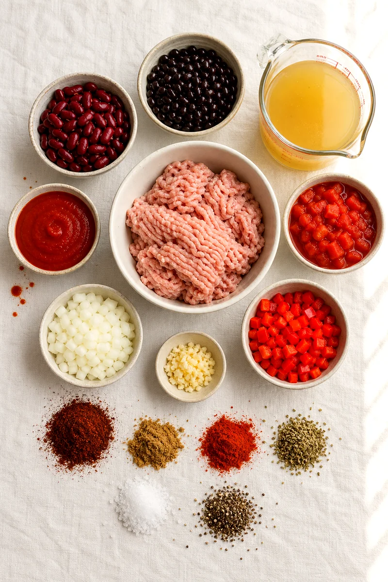 Ground turkey, beans, tomatoes, vegetables, broth, and spices arranged on white linen
