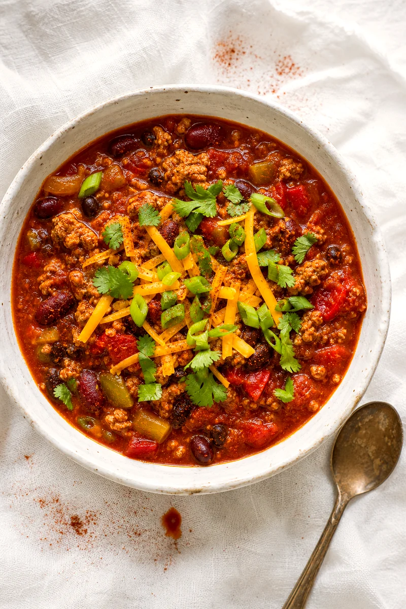 Top down bowl of thick turkey chili with beans, cheese, green onion, and cilantro