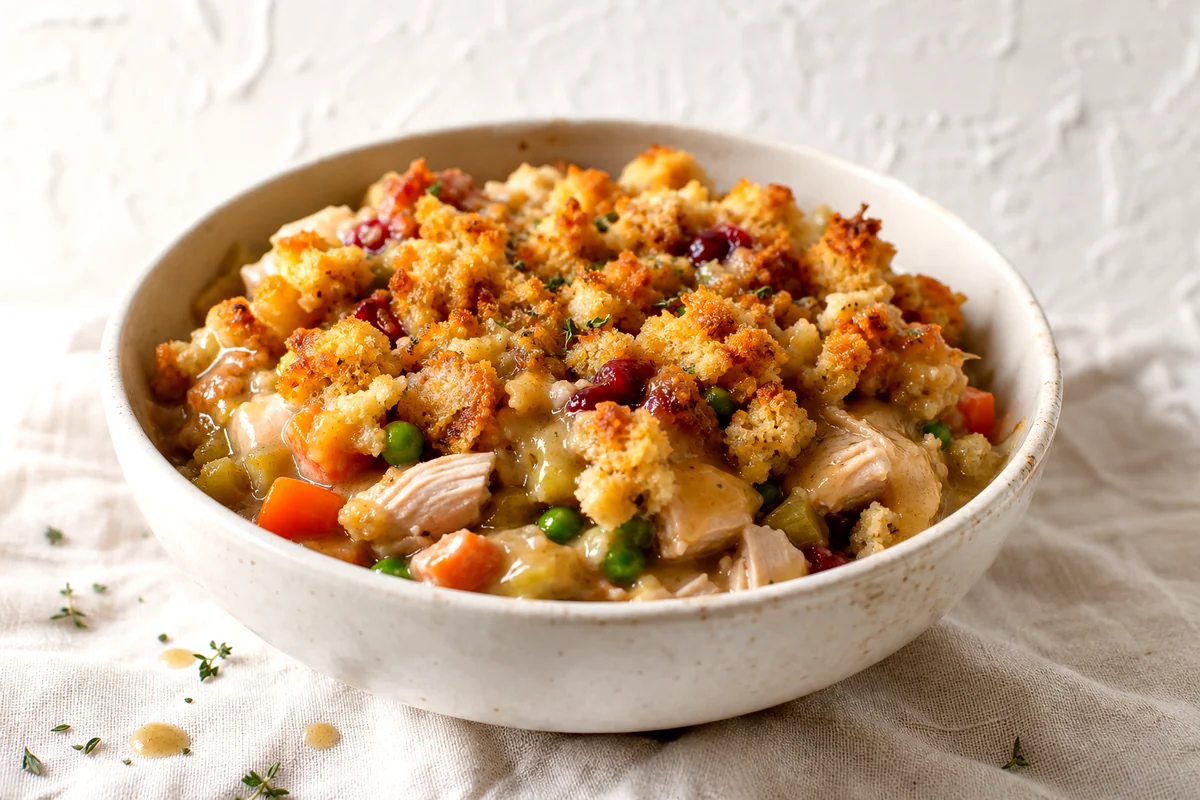 Turkey stuffing casserole in a white ceramic bowl with gravy, vegetables, and crisp stuffing