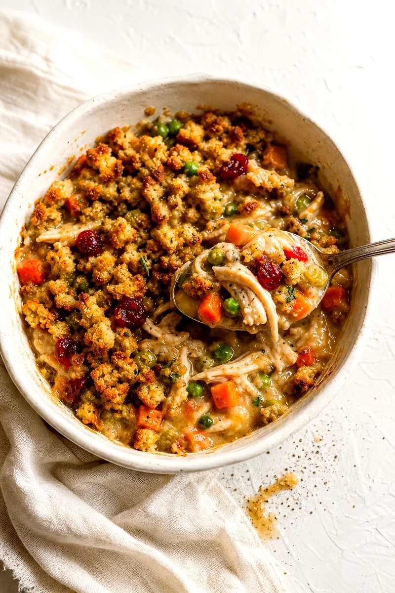Top view of turkey stuffing casserole with gravy, vegetables, cranberry sauce, and crisp crumbs
